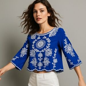 Solitaire Women’s Small Royal Blue Embroidered Boho Peasant Blouse Festival Top